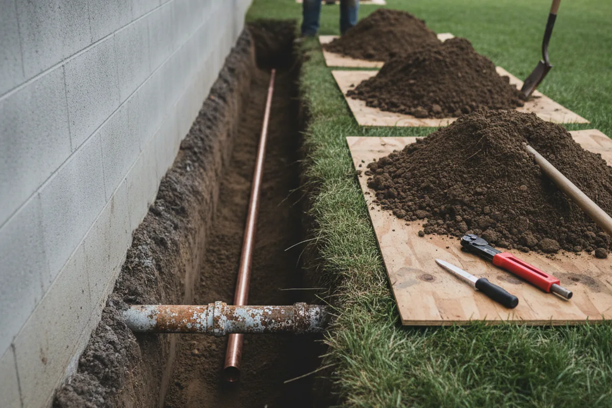 Excavated water line trench during Water Softener Installation in Salisbury Center
